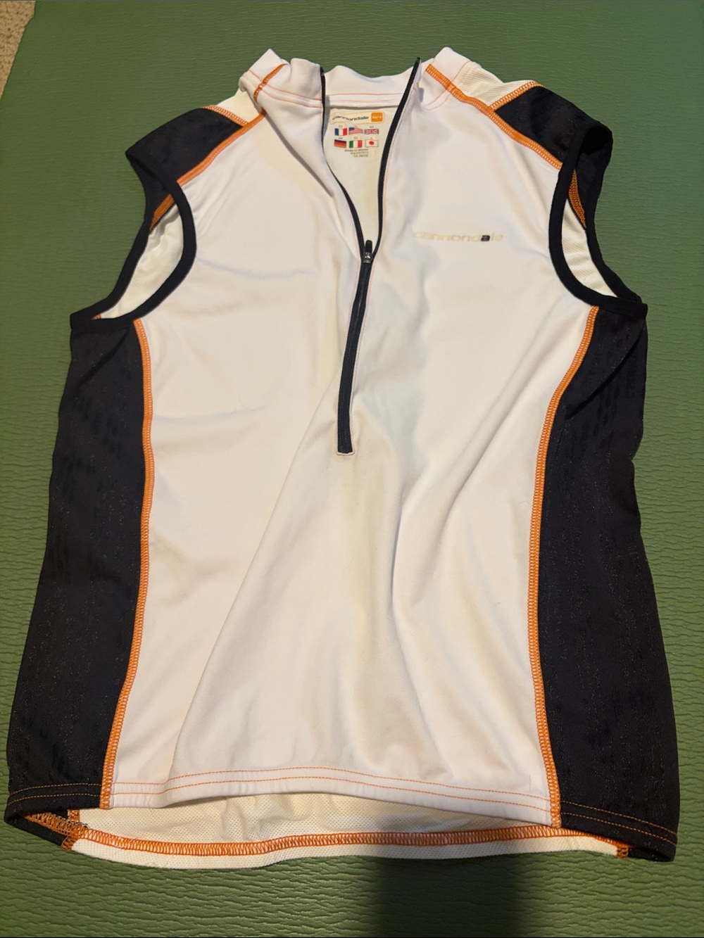 Women's White & Black Sleeveless Zip-Front Tank Top with Orange Trim